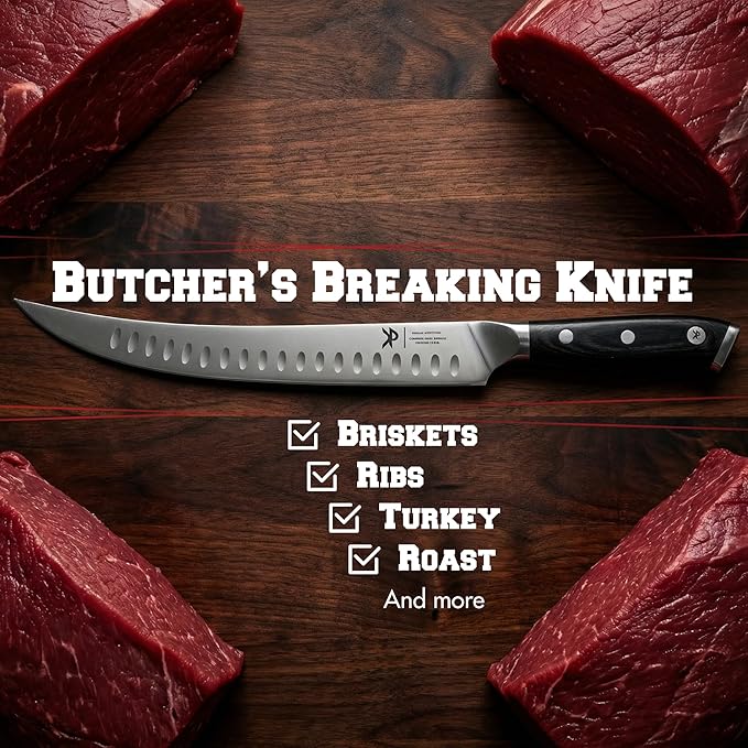 KITCHEN PERFECTION 10” Butcher Knife for Meat Cutting & Trimming-Ultra Sharp Cimeter Breaking Carving Knife with Sheath- Premium German Steel,Full Tang Ergonomic Handle -Perfect Grilling Gifts for Men