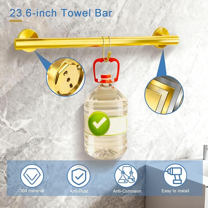 7-Piece Golden Bathroom Hardware Set - 7-in-1 Towel Rack Set, 23.6-inch SUS304 Stainless Steel Towel Bar and Toilet Paper Holder | Modern Bathroom Accessories (7, Golden)