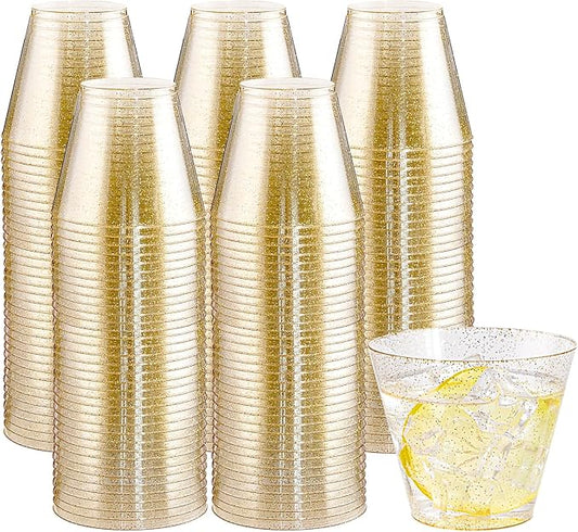 I00000 200pcs Gold Plastic Cups - 9 OZ Hard Gold Glitter Disposable Cups for Cocktail & Drinking - Premium Disposable Plastic Glasses with Gold Glitter for Fancy Wedding Cups Elegant Party Glasses
