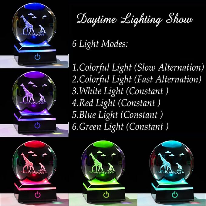 Qianwei Giraffe Gifts for Women Men 3D Crystal Ball 3.14'' - Laser Giraffe Decor Glass Animals Figurines Statue Stuff for Room Night Light Giraffe Gifts for Mom