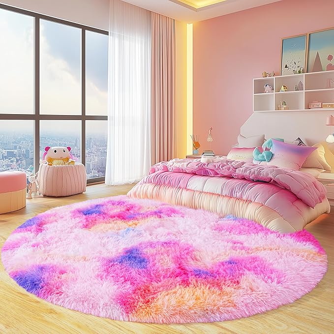 Round Fluffy Rugs 8Ft for Girls Bedroom, Dark Rainbow Shag Circle Kids Rug Non-Slip for Bedside Dorm Nursery Playroom, Soft Cute Area Rugs for Living Room Decor