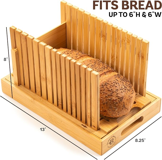 Bambüsi Upgraded Bread Slicer for Homemade Bread - Adjustable Bamboo Bread Cutter Board, Foldable Slicing Guide with Crumb Tray for Sourdough, Artisan Loaves, Bagels, Cakes, Bakery Kitchen Gadget Gift