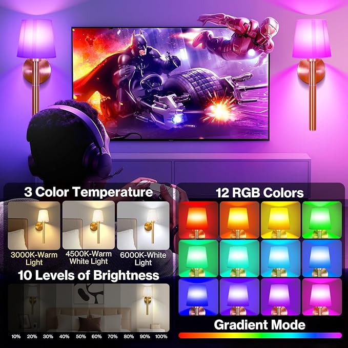 Battery Operated Wall Sconce Set of 2, 5200mAh RGB Wireless Wall Lights with Detachable Charging Stick & Dimmable Bulbs, 12 Colors Rechargeable Wall Lamps for Bedroom Living Room Hallway Decor, Gold