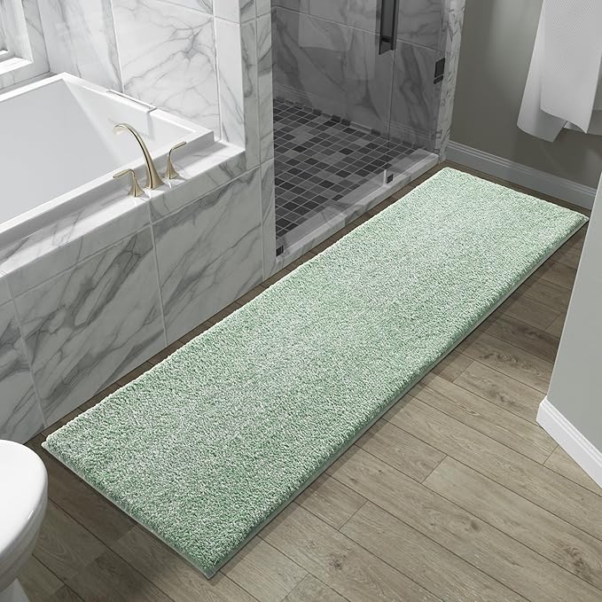 Yimobra Bathroom Runner Rug Non Slip Washable, Soft Absorbent Microfiber Long Bath Mat, Dual-Tone Decor Rug with Rubber Backing for Floor,Tub and Hallway,70x24,Home Essentials,Green and White