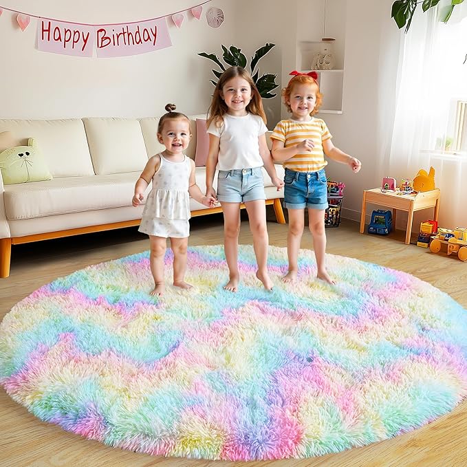 Round Fluffy Rugs 5Ft for Girls Bedroom, Rainbow Shag Circle Kids Rug Non-Slip for Bedside Dorm Nursery Playroom, Soft Cute Area Rugs for Living Room Decor