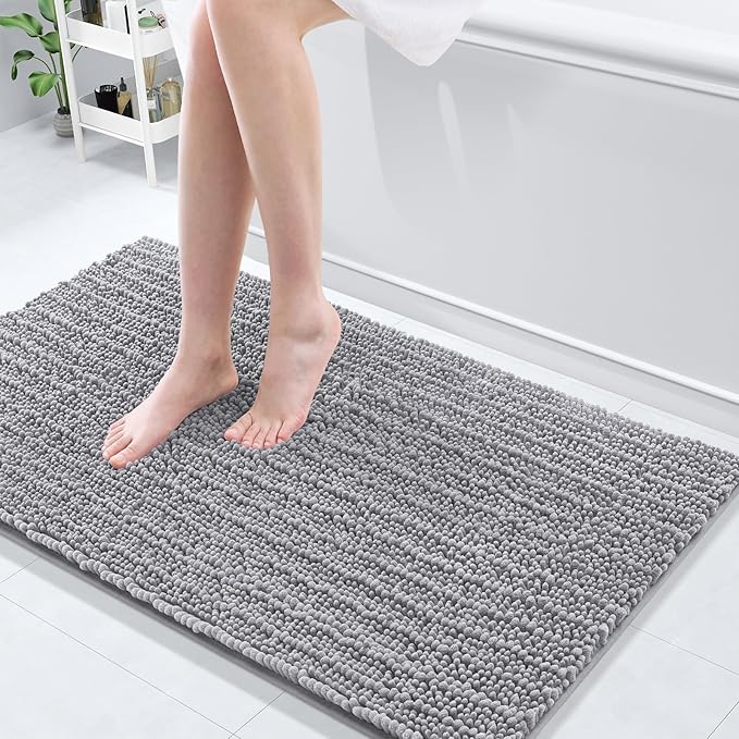 Arotive Luxury Chenille Bathroom Rug Mat, Extra Soft Thick Absorbent Shaggy Bath Rugs, Non-Slip Machine Wash Dry, Plush Bath Mats for Bathroom, Shower and Tub, 44x24, Grey
