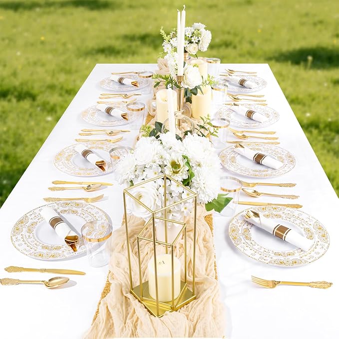 GATHER 350PCS White and Gold Plastic Plates - Gold Disposable Dinnerware Set Include 50 Dinner Plates, 50 Dessert Plates, 150 Gold Plastic Silverware, 50 Napkins, 50 Cups for Wedding & Christmas