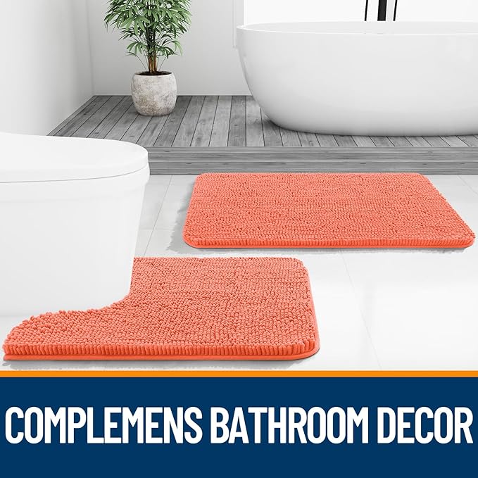 OLANLY Bathroom Rugs 47x24, Extra Soft Absorbent Chenille Bath Rugs, Rubber Backing Quick Dry, Machine Washable Bath Mats for Bathroom Floor, Tub and Shower, Home Decor Accessories, Coral