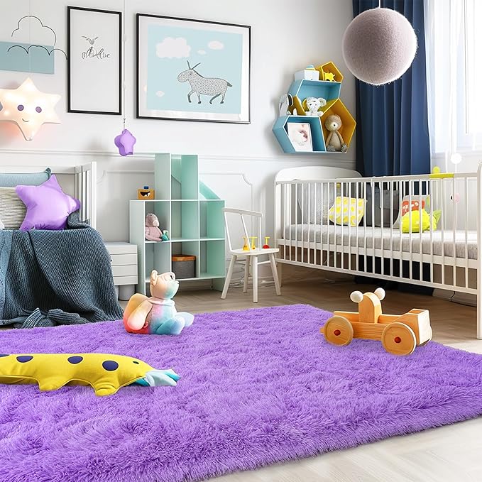 Ultra Fluffy Rug for Living Room Bedroom, 5x7 Fuzzy Large Area Rug for Living Room, Plush Soft Shag Carpet for Girl Boy Kids, Non Slip Rug Modern Indoor Home Decor Aesthetic, Purple