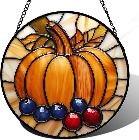 Stained Glass Window Hanging Fall Pumpkin Berries 6.3" - Suncatcher Door Garden Kitchen Sunroom Sun Catcher Autumn Home Decor Birthday for Mom Grandma Men Woman