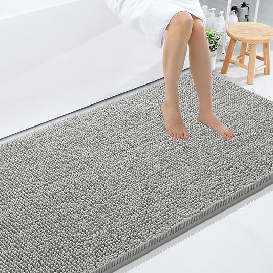 Smiry Luxury Chenille Bathroom Rugs 59x35, Extra Soft and Absorbent Shaggy Bath Mat, Machine Washable, Non-Slip Plush Carpet Runner for Tub, Shower, and Floor, Home Decor Accessories, Light Grey