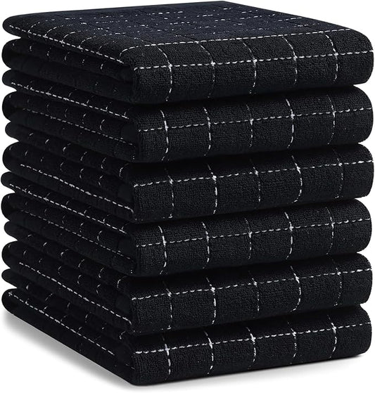 Homaxy 100% Cotton Terry Kitchen Towels(Black, 20 x 28 inches), Checkered Designed, Soft and Super Absorbent Dish Towels, Large 6 Pack