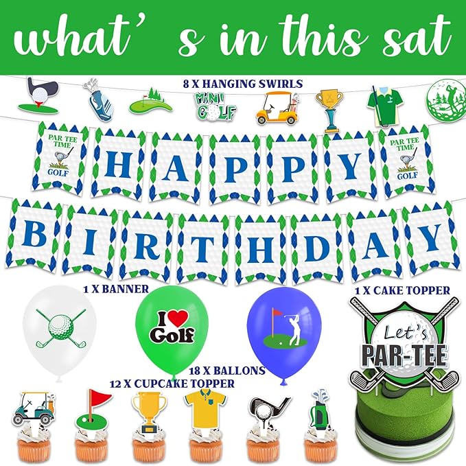 Golf Birthday Party Decorations, 55pcs Golf Party Decorations Include Golf Banner, Balloon, Cake Topper, Cupcake Topper, Hanging Swirls, Sports Themed Golf Birthday Party Supplies