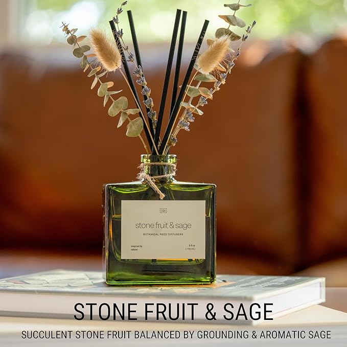 Craft & Kin Christmas Reed Diffuser with Dried Flowers | 5 oz Stone Fruit & Sage Scented Holiday Reed Diffusers for Home, Bathroom | Scent Sticks | Elegant Fragrance Home Decor for Men & Women