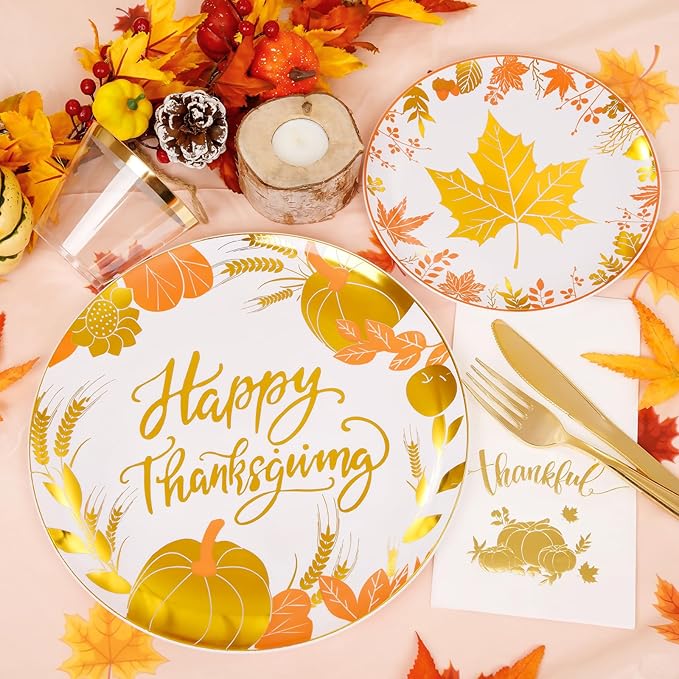 GATHER 176 Pieces Thanksgiving Plates- Disposable Gold Plastic Silverware- Thanksgiving Dinnerware with Maple Leaves Include 50 Plates 75Plastic Silverware 25Cups 25 Napkins and 1 Tablecloth