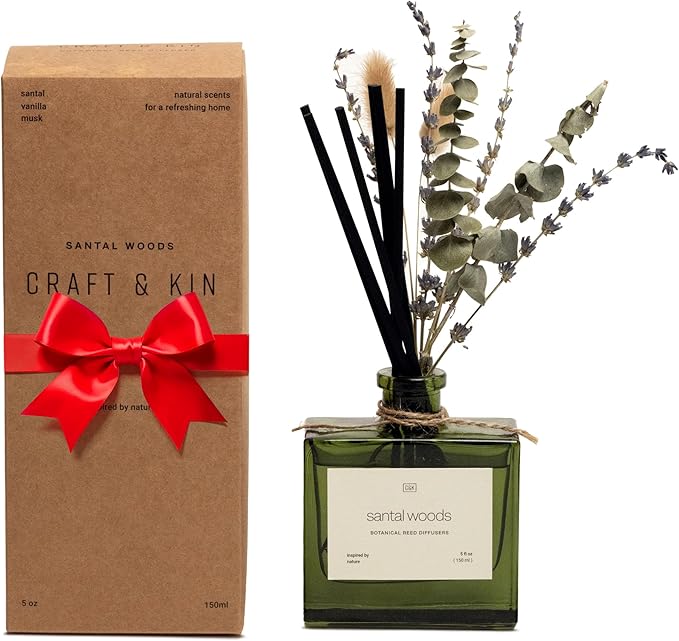 Craft & Kin Christmas Reed Diffuser with Dried Flowers | 5 oz Santal Woods Holiday Scented Reed Diffusers for Home, Bathroom | Scent Sticks | Elegant Fragrance Home Decor for Men & Women