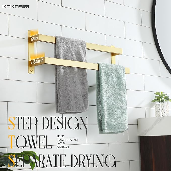 KOKOSIRI Bath Towel Bars 20-Inch Bathroom 2-Tiers Ladder Brushed Gold Towel Rails Towel Holders Wall Mounted Towels Shelves Rack Stainless Steel, B5008BG-L20