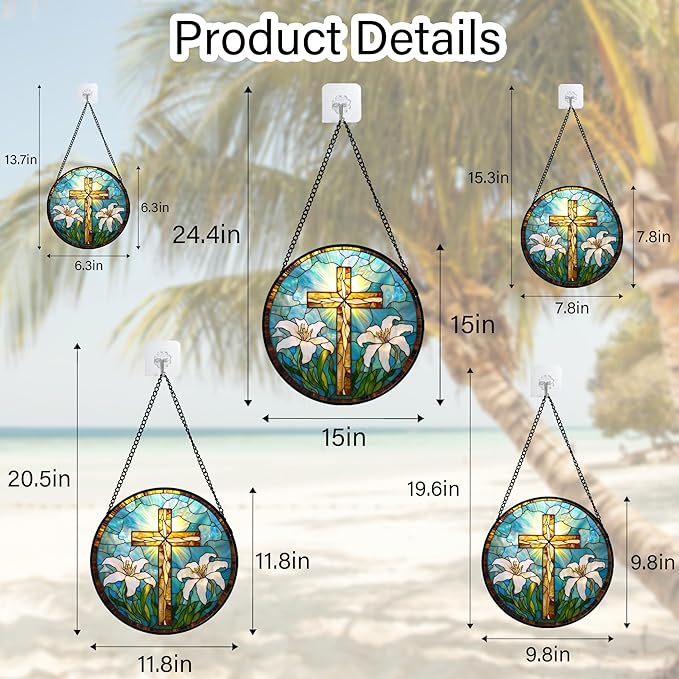 Christian Gifts for Women - Cross Stained Glass Window Hanging Jesus Easter White Lily Flower Sun Catcher Garden Religion Decor Mother's Day Catholic Gift for Men Grandma Mom Her Nana 15"