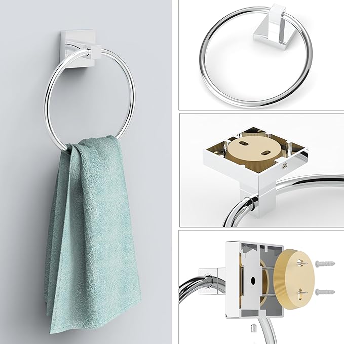 Ruacq Chrome Toilet Paper Holder Towel Ring Bathroom Accessories Hardware Set Double Post Pivoting Toilet Roll Holder Square Stainless Steel and Zinc Alloy Modern Wall Mounted 2 Pieces