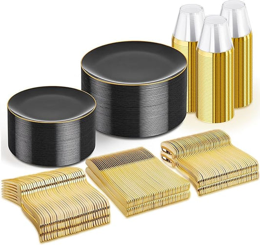 WDF 300PCS Black and Gold Plates - Black Plastic Plates for Party - 50guest Disposable Dinnerware Sets for Party/Wedding/New Year
