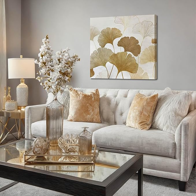 ZENPEE Beige Ginkgo Botanical Wall Art, Canvas Print, Neutral Floral Home Decor for Living Room Bedroom, Ready to Hang, Framed, 24 x 24 Inches