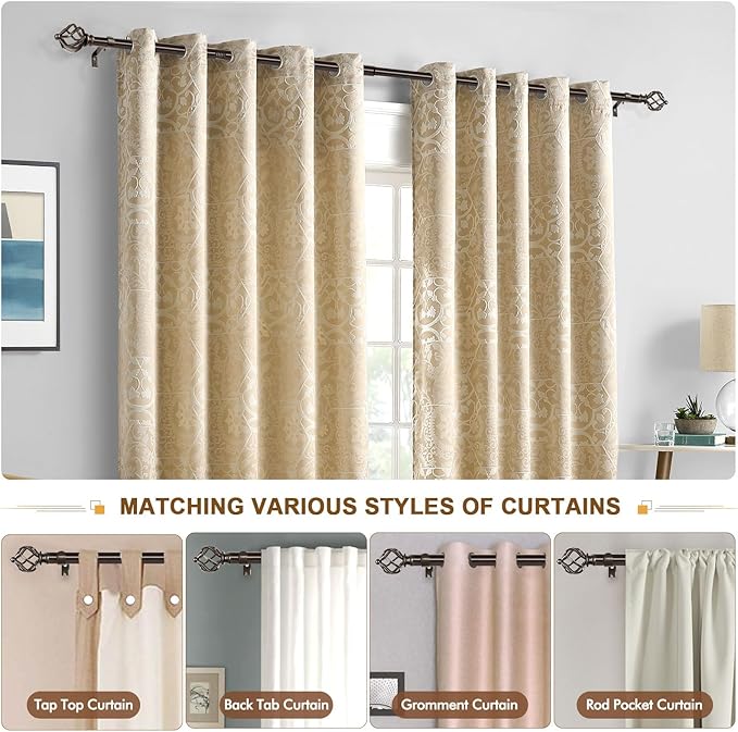 KAMANINA Curtain Rods for Windows 66 to 120 Inch, 3/4 Inch Bronze Curtain Rod 32 to 115 Inches (2.6-9.6ft) Splicing Adjustable Single Drapery Rod with Twisted Cage Finial