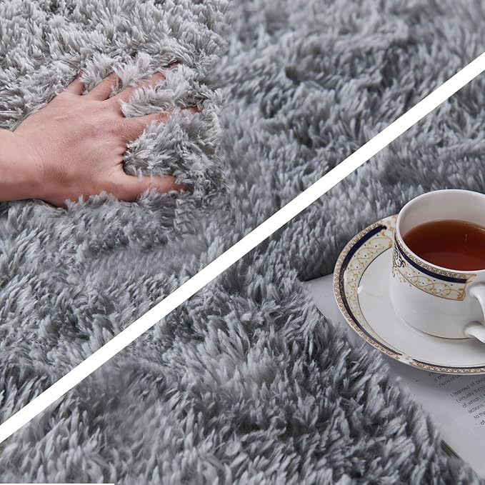 TABAYON Shag Area Rug, 5x7 Ft Tie-Dyed Light Grey Upgrade Anti-Skid Durable Rectangular Cozy High Pile Soft Throw Rug for Nursery/Living Room
