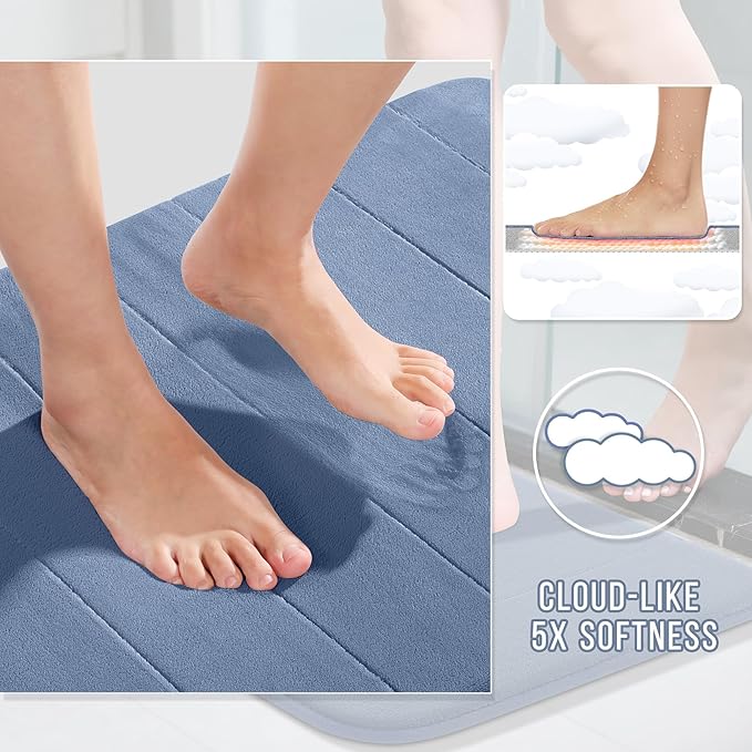 Yimobra Large Bath Mat 36"x24", Super Soft Quick Dry Memory Foam Bathroom Rug, Water Absorbent, Non Slip Backing Machine Washable for Tub Shower, Thick Comfort Support, Denim Blue