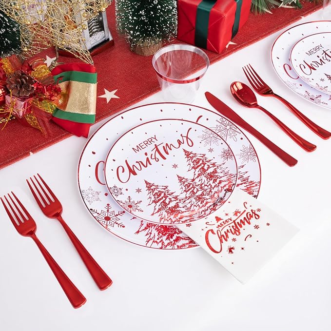 Rubtlamp 175 Pcs Christmas Plastic Plates And Napkins, Christmas Plates Disposable, White And Red Plastic Dinnerware Include 25Dessert Platos, 25Dinner Platos, 75 plastic cultery, 25Cups, 25Napkins