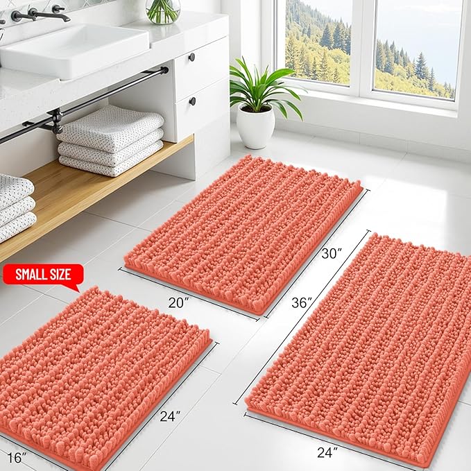 Smiry Bathroom Rugs Mat 30x20, Extra Soft Absorbent Chenille Bath Rugs, Non Slip Rubber Backing Machine Washable Quick Dry Bath Mats for Bathroom Floor, Tub, Shower, Home Decor Accessories, Coral