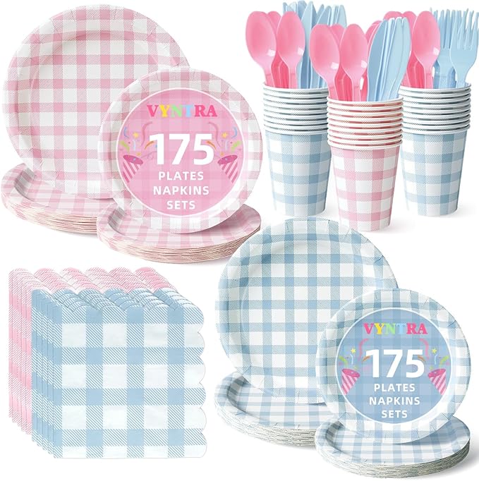 Vyntra 350 PCS Pink & Blue Gingham Party Supplies, Disposable 7 & 9 In Plates and Napkins, Cups, Knives, Forks, Spoons for Gender Reveal, Baby Shower, Birthday (Pink and Blue, Serves 50)