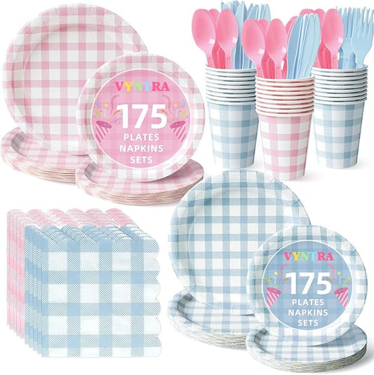 Vyntra 350 PCS Pink & Blue Gingham Party Supplies, Disposable 7 & 9 In Plates and Napkins, Cups, Knives, Forks, Spoons for Gender Reveal, Baby Shower, Birthday (Pink and Blue, Serves 50)