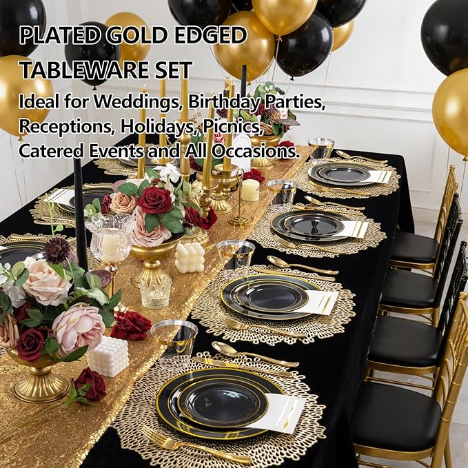 GATHER 350PCS Black Plastic Plates - Black and Gold Disposable Dinnerware Set Include 100 Plates, 150 Gold Silverware, 50 Napkins, 50 Cups for Party & Wedding & Birthday & New Year