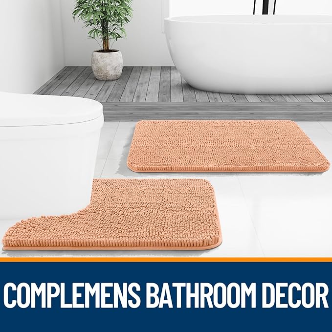 OLANLY Bathroom Rugs 36x24, Extra Soft Absorbent Chenille Bath Rugs, Rubber Backing Quick Dry, Machine Washable Bath Mats for Bathroom Floor, Tub and Shower, Home Decor Accessories, Peach