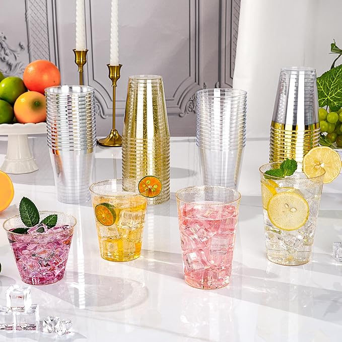 Goodluck 10 oz 100 PCS Gold Glitter Plastic Cups, Disposable Glitter Cups, Elegant Plastic Cocktail Glasses, Fancy Party Cups for Wedding, Birthday, Holiday