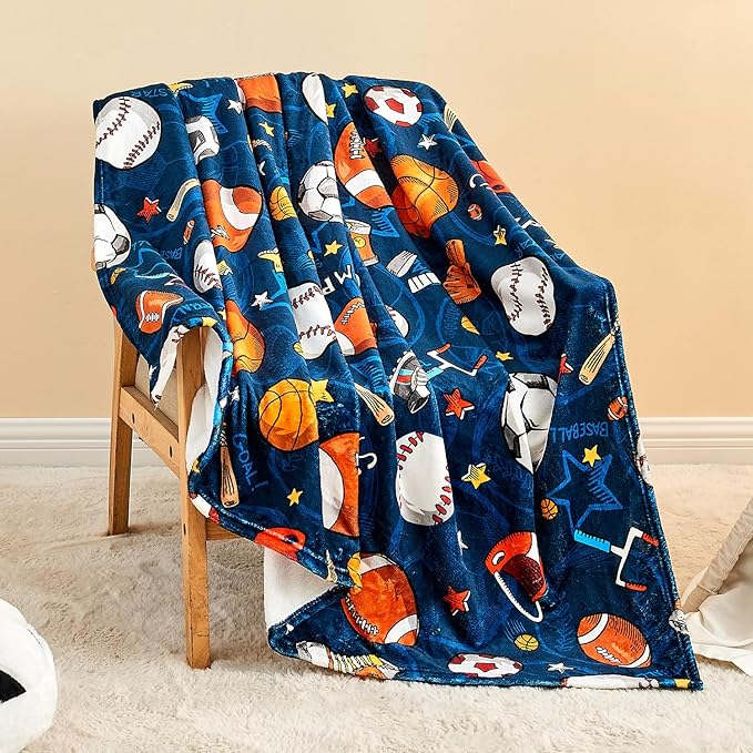 Wajade Sports Blanket for Boys,Soft Fleece 3D Soccer Basketball Baseball Football Kids Blanket for Couch Sofa Bedroom, Fuzzy Ball Throws for Kids Boys Teens,60"x80"