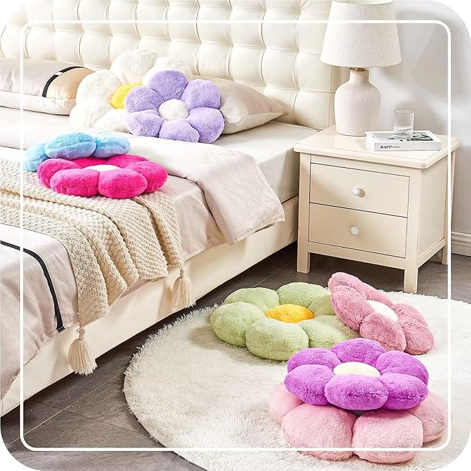 Hot Pink Flower Pillow, Cute Decorative Flower Shaped Throw Pillow with Faux Rabbit Fur, 19.6" Soft Flower Plush Throw Pillow Floor Pillows Room Décor for Bedroom Living Room