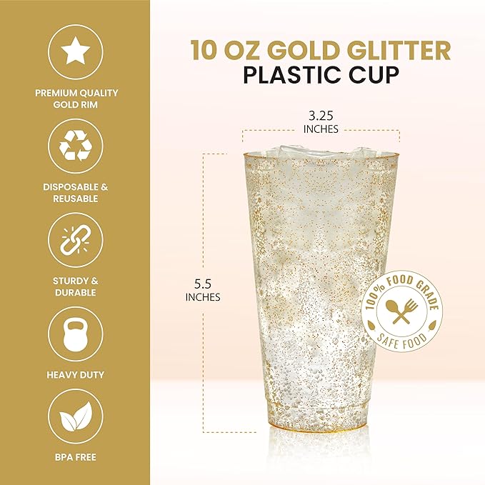 R-kay 16 oz Gold Glitter Plastic Cups For Party - 100 Pack Gold PLastic Cups - Hard Disposable Cups - Premium Heavy Duty Gold Cups - Disposable Cocktail Glasses - Party Cups (16 OZ)