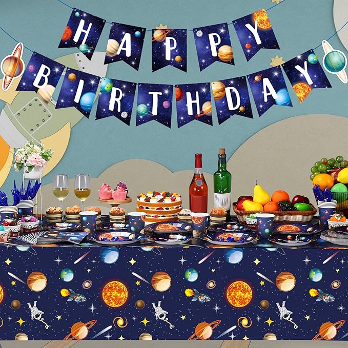 Outer Space Birthday Party Supplies Serve 24 Space Party Tableware Set, Happy Birthday Banner Solar System Tablecloth Paper Plates Cups Napkins Knives Forks Spoons for Solar Theme Activities Decor