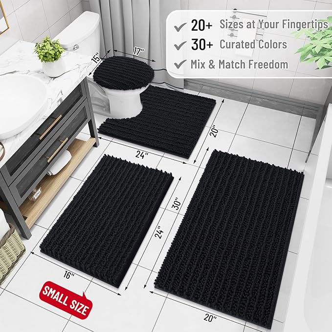 Arotive Luxury Chenille Bathroom Rug Mat, Extra Soft Thick Absorbent Shaggy Bath Rugs, Non-Slip Machine Wash Dry, Plush Bath Mats for Bathroom, Shower and Tub, 59x35, Black