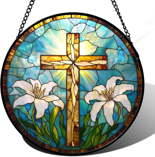 Christian Gifts for Women - Cross Stained Glass Window Hanging Jesus Easter White Lily Flower Sun Catcher Garden Religion Decor Mother's Day Catholic Gift for Men Grandma Mom Her Nana 7.8"