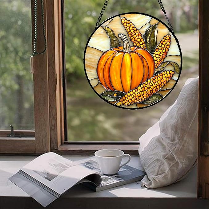 Stained Glass Window Hanging Autumn Harvest Pumpkin Corn 6.3" - Suncatcher Door Garden Kitchen Sunroom Sun Catcher Fall Home Decor Birthday for Mom Grandma Men Woman