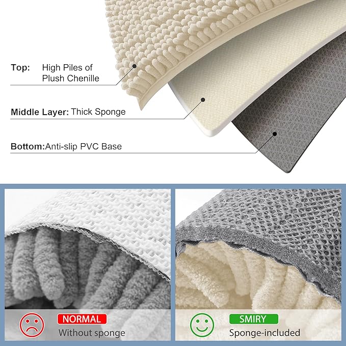 Smiry Luxury Chenille Bathroom Rugs 30x20, Extra Soft and Absorbent Shaggy Bath Mat, Machine Washable, Non-Slip Plush Carpet Runner for Tub, Shower, and Floor, Home Decor Accessories, Sand