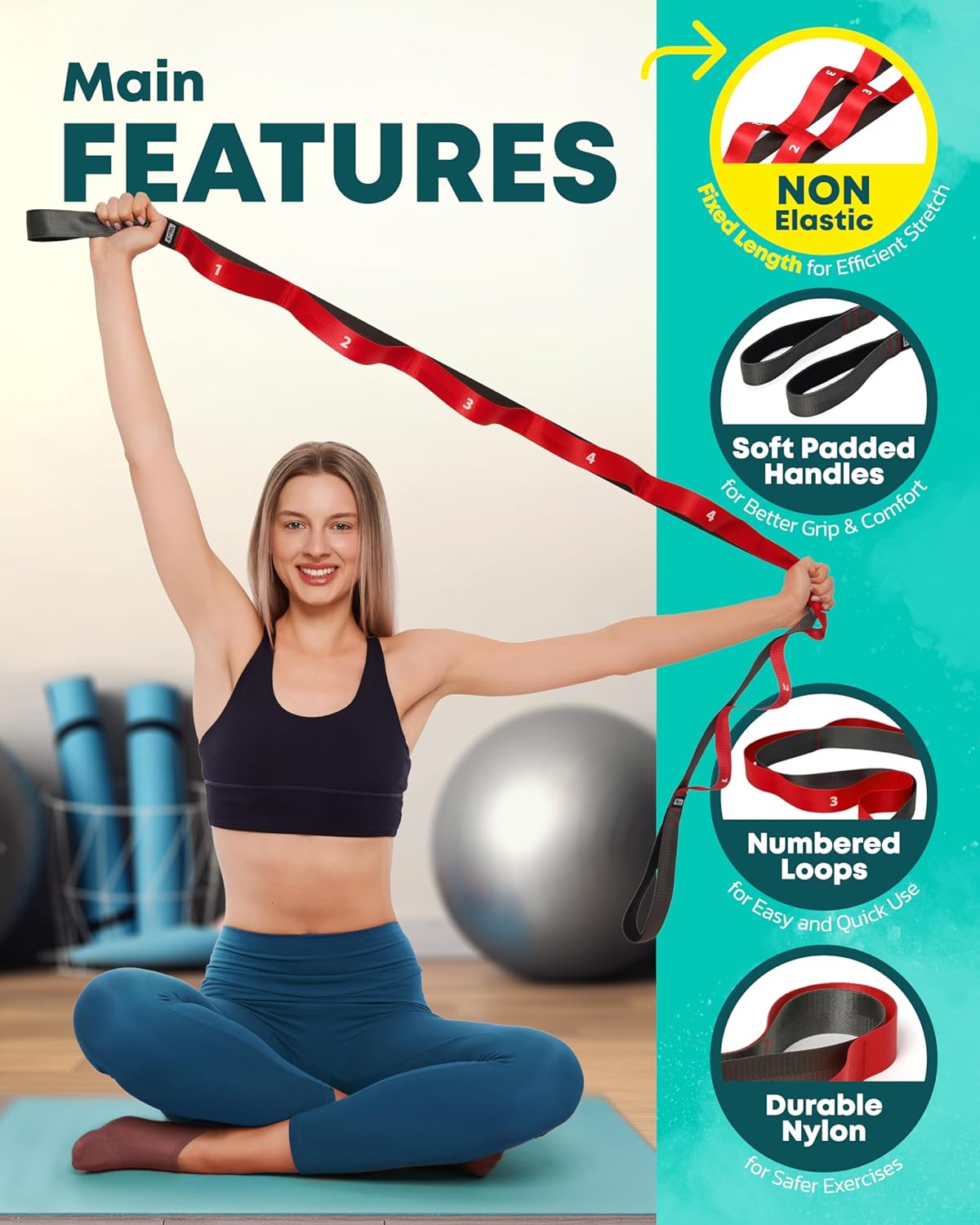 Stretching Strap with Loops - Non Elastic Stretch Band for Physical Therapy