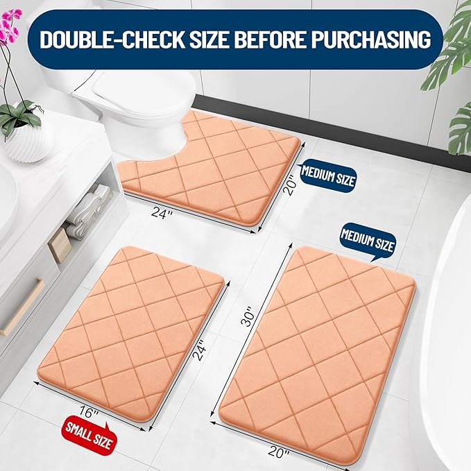 OLANLY Memory Foam Bath Mat 30x20, Ultra Soft and Absorbent Bathroom Rugs, Machine Washable, Comfortable Bath Carpet for Bathroom Floor, Tub and Shower, Peach