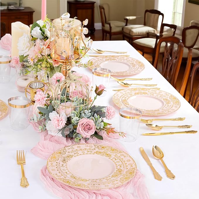 GATHER 350PCS Pink and Gold Plastic Plates - Gold Disposable Dinnerware Set Include 50 Dinner Plates, 50 Dessert Plates, 150 Plastic Silverware, 50 Napkins, 50 Cups for Party & Wedding