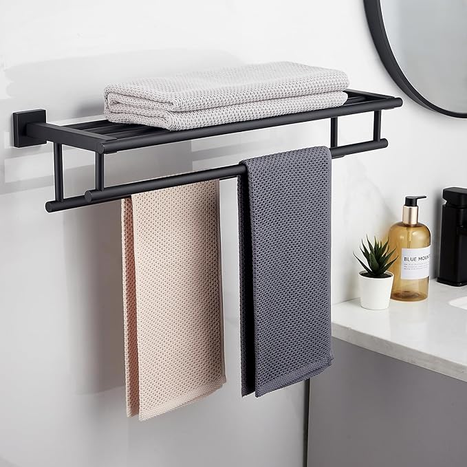 Towel Rack for Bathroom 24 Inch Wall Mounted Towel Rack Matte Black Towel Shelf with Double Towel Bar SUS304 Stainless Steel Towel Holder for Bathroom Wall Hotel Towel Rail
