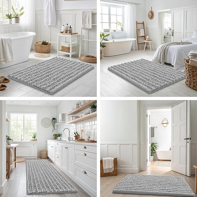 Smiry Bathroom Rugs Mat 47x20, Extra Soft Absorbent Chenille Bath Rugs, Non Slip Rubber Backing Machine Washable Quick Dry Bath Mats for Bathroom Floor, Tub, Shower, Home Decor Accessories, Light Grey