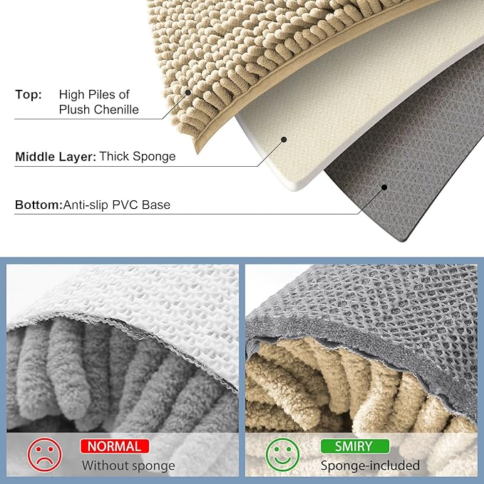 Smiry Luxury Chenille Bathroom Rugs 34x21, Extra Soft and Absorbent Shaggy Bath Mat, Machine Washable, Non-Slip Plush Carpet Runner for Tub, Shower, and Floor, Home Decor Accessories, Beige