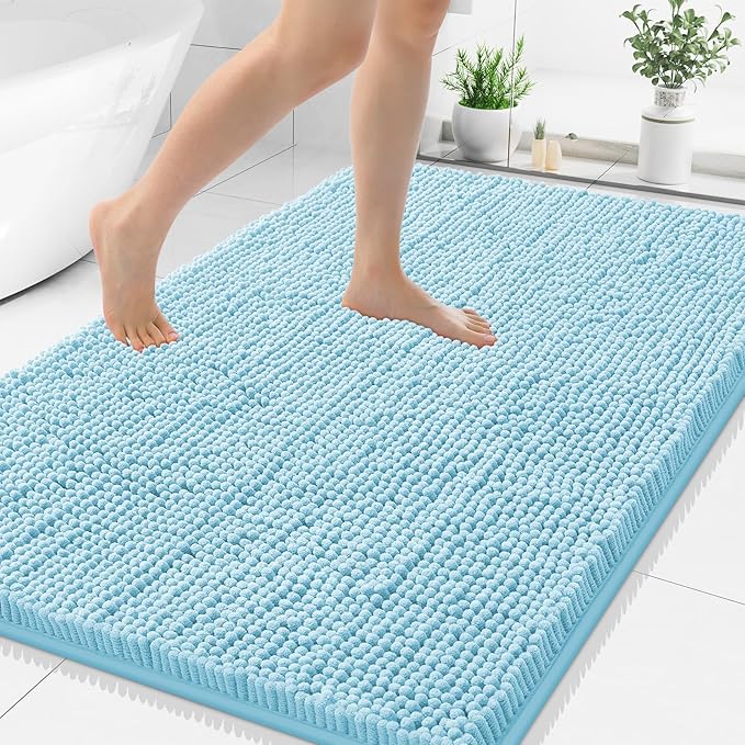 Smiry Luxury Chenille Bathroom Rugs 40x32, Extra Soft and Absorbent Shaggy Bath Mat, Machine Washable, Non-Slip Plush Carpet Runner for Tub, Shower, and Floor, Home Decor Accessories, Sky Blue